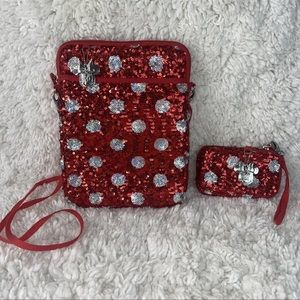 Disney Parks Original Minnie Mouse Red Sequin Crossbody Shoulder Bag And Wallet